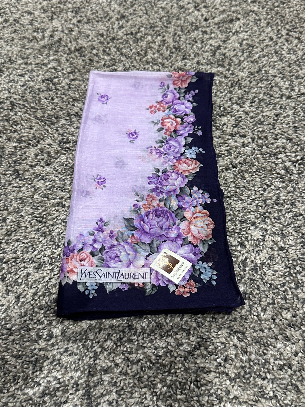 Yves Saint Laurent Lavender and Navy Floral Border Silk Handkerchief